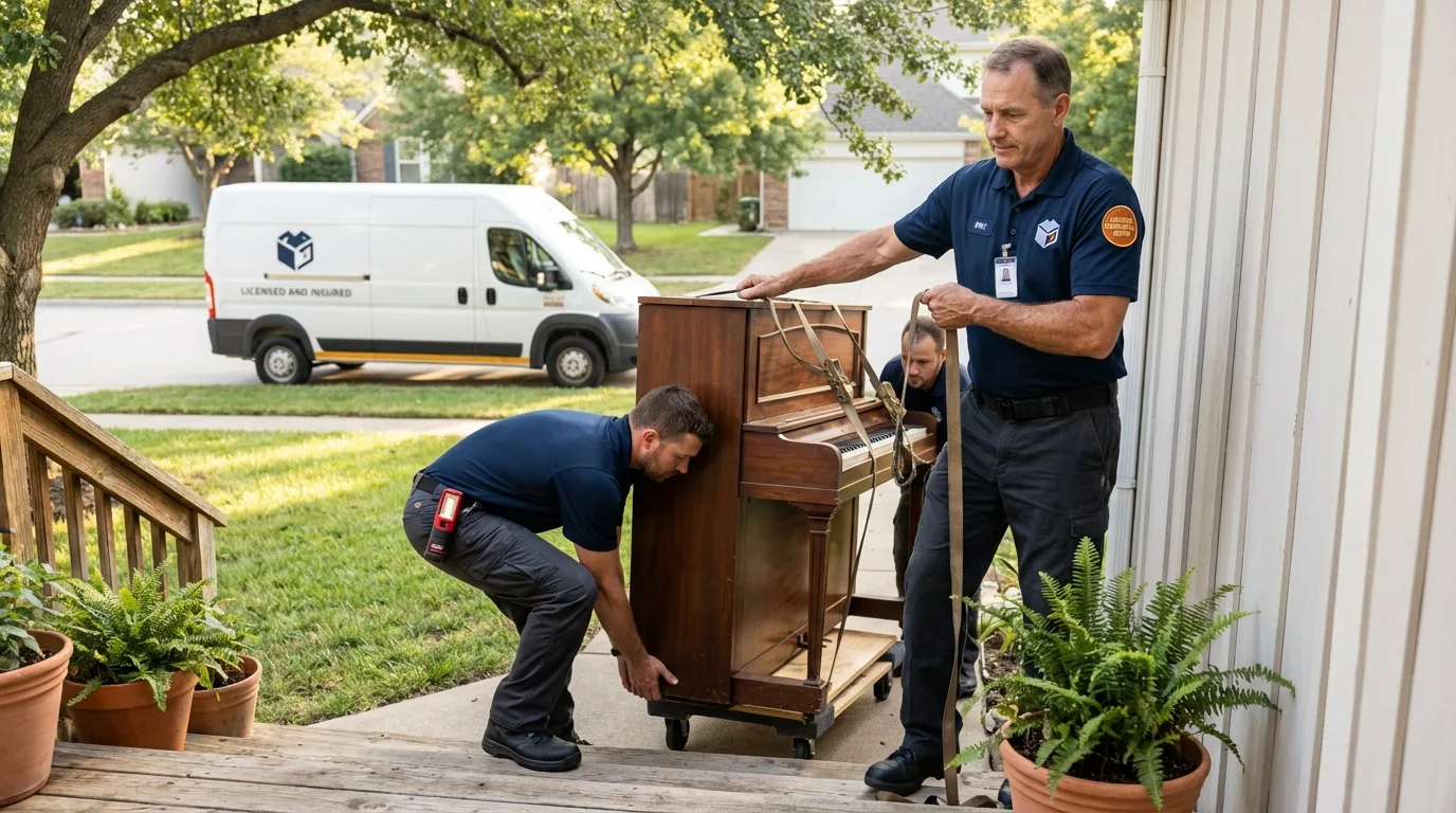 Licensed piano movers securing grand piano in Florence, NJ