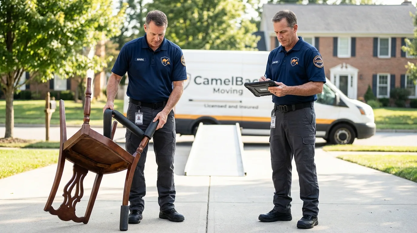 Movers inspecting furniture for damage prevention before loading in Florence, NJ