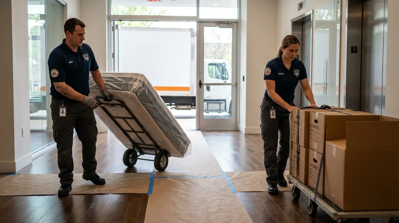 Professional apartment movers loading elevator in Florence, NJ
